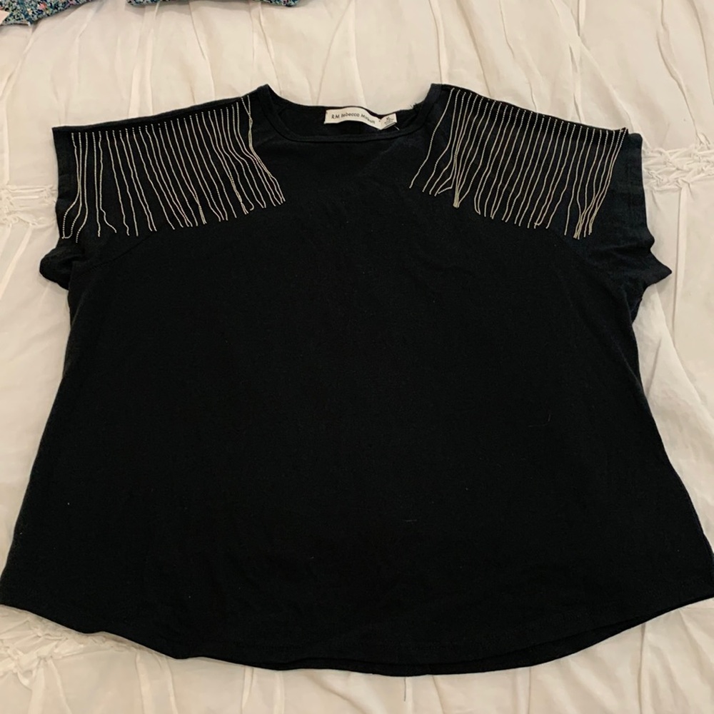 RM Rebecca Minkoff Black cap sleeve with silver fringe trim!! Nashville Ready!
